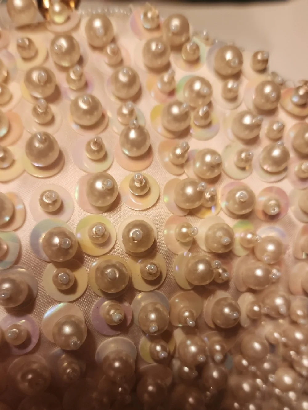 Vintage Pearl & Sequin White Evening Clutch with Gold Handle